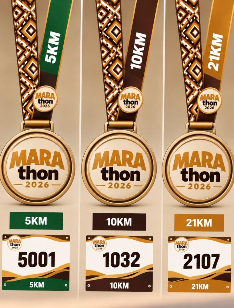 Musoma Marathon 2026 finisher medals and race bibs for 5 km, 10 km and 21 km